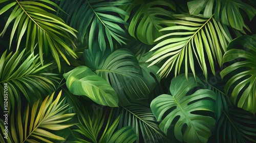 Artwork featuring tropical palm leaves suitable for murals and wallpaper intended for interior printing