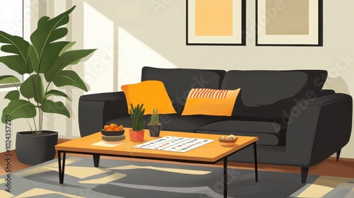 Cozy Living Room with Houseplant and Modern Decor