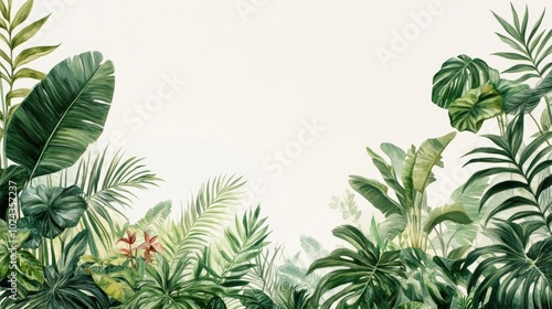 Artwork featuring creeping plants alongside tropical foliage designed as a drawing on a white background suitable for interior photo wallpaper photo