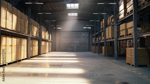 Wallpaper Mural Modern Industrial Warehouse Interior with Stacked Cardboard Boxes and Sunlight Streaming Through Skylights Torontodigital.ca