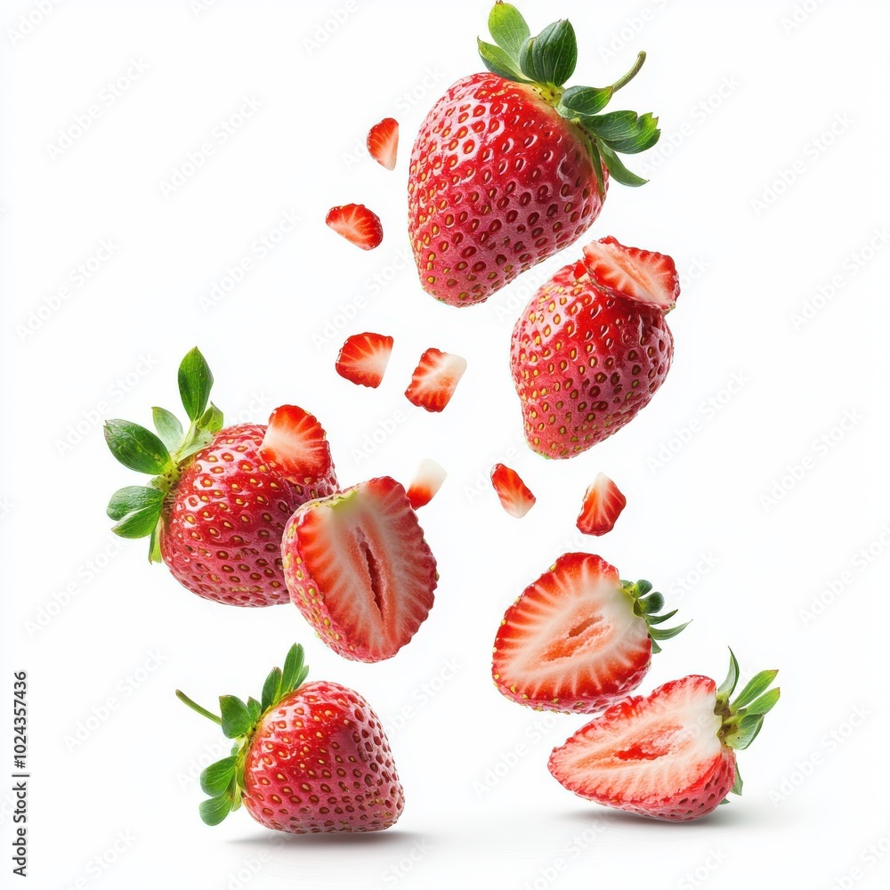 Isolated strawberries. Falling strawberry fruits whole and cut in half isolated on white Isolated strawberries. Falling strawberry fruits whole and cut in half isolated on white