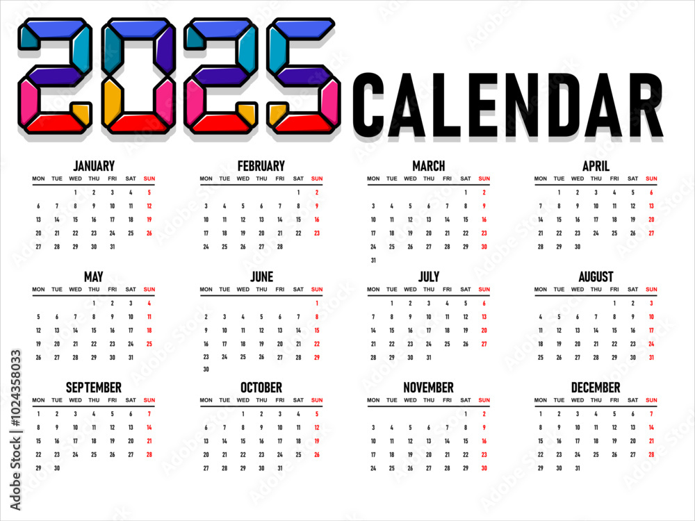 2025 Calendar template, Calendar 2025 design vector, unique design layout, Week starts Sunday