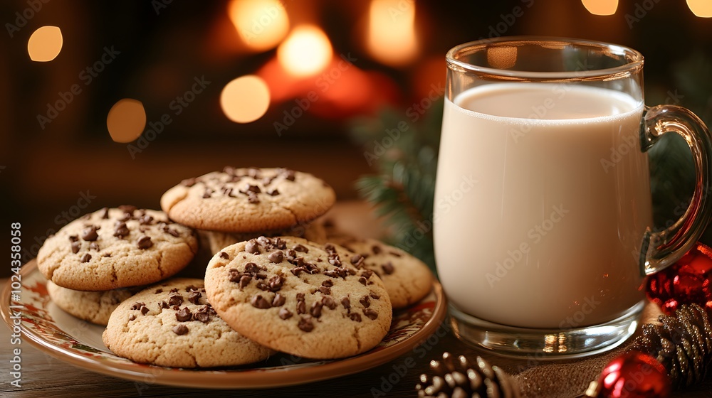 Christmas cookies and milk left out for Santa on a plate with a festive napkin and a glowing fireplace in the background Christmas cookies and milk left out for Santa on a plate with a festive napkin and a glowing fireplace in the background
