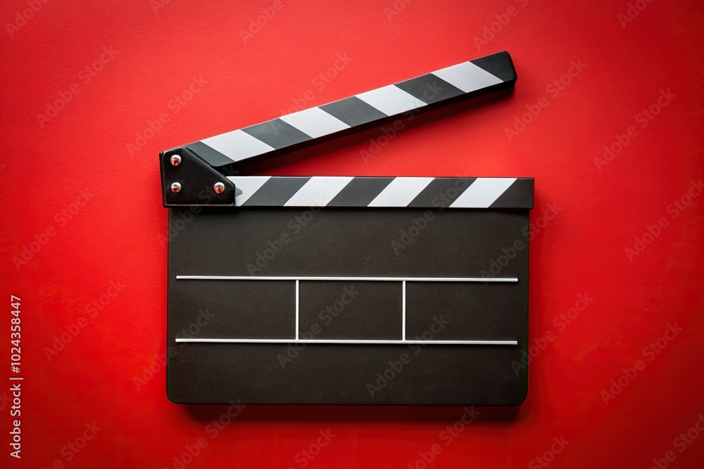 Obraz premium Symmetrical black clapperboard on red background