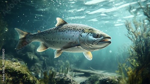 A silvery salmon swims in clear water, surrounded by rocks and aquatic plants, with air bubbles rising to the surface.