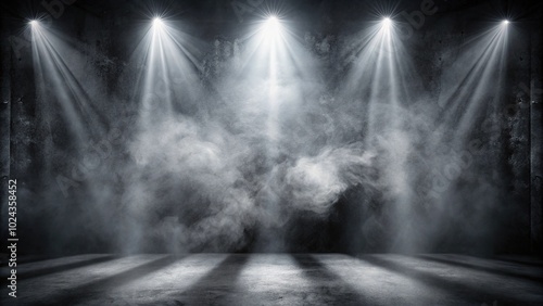 Symmetrical black concrete background with dark tone, light beam, and smoke abstraction