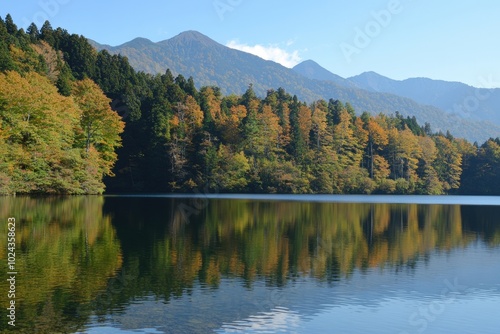 Tranquil lake reflects colorful autumn foliage against majestic mountains at dawn