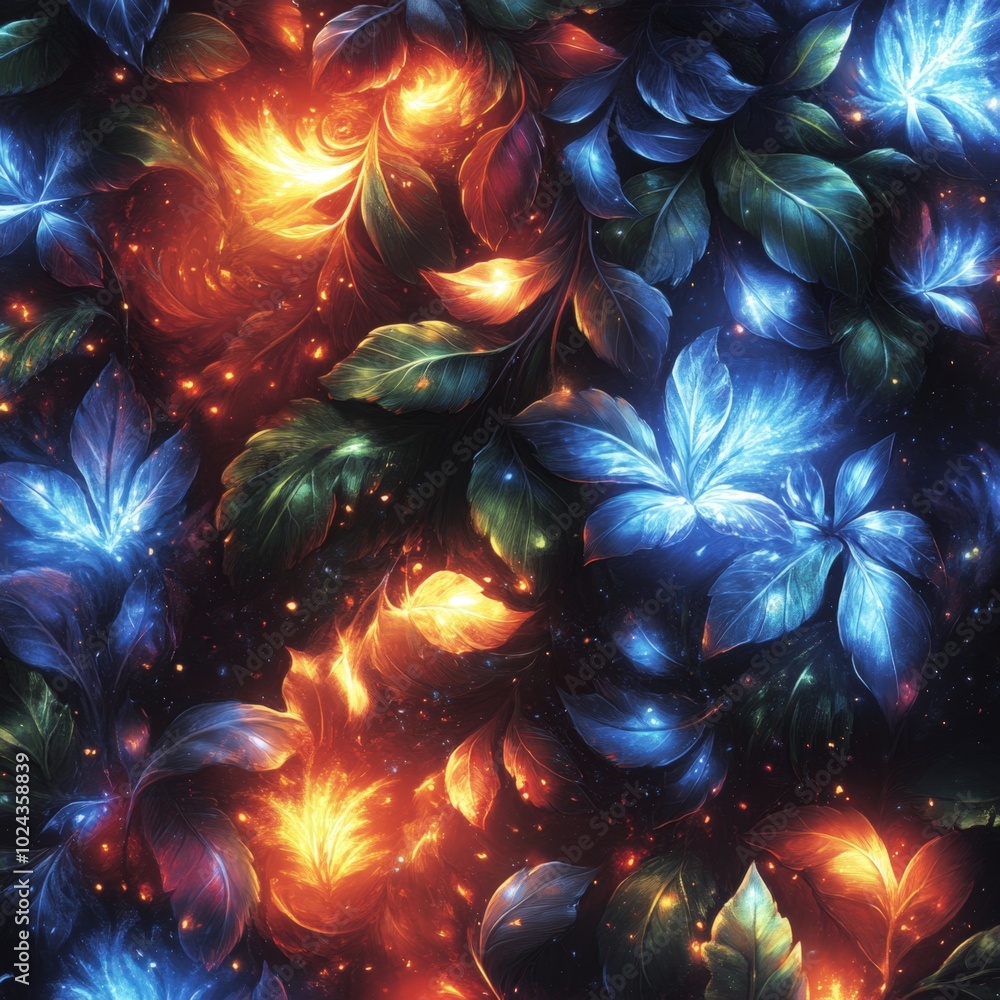 Vibrant leaves glowing in a mystical blend of blue and orange hues in a darkened backdrop Vibrant leaves glowing in a mystical blend of blue and orange hues in a darkened backdrop