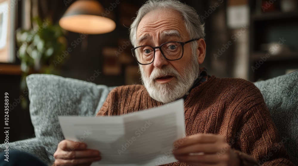 Shocked Elderly Man Reading Letter on Couch in Contemporary Living Room Shocked Elderly Man Reading Letter on Couch in Contemporary Living Room