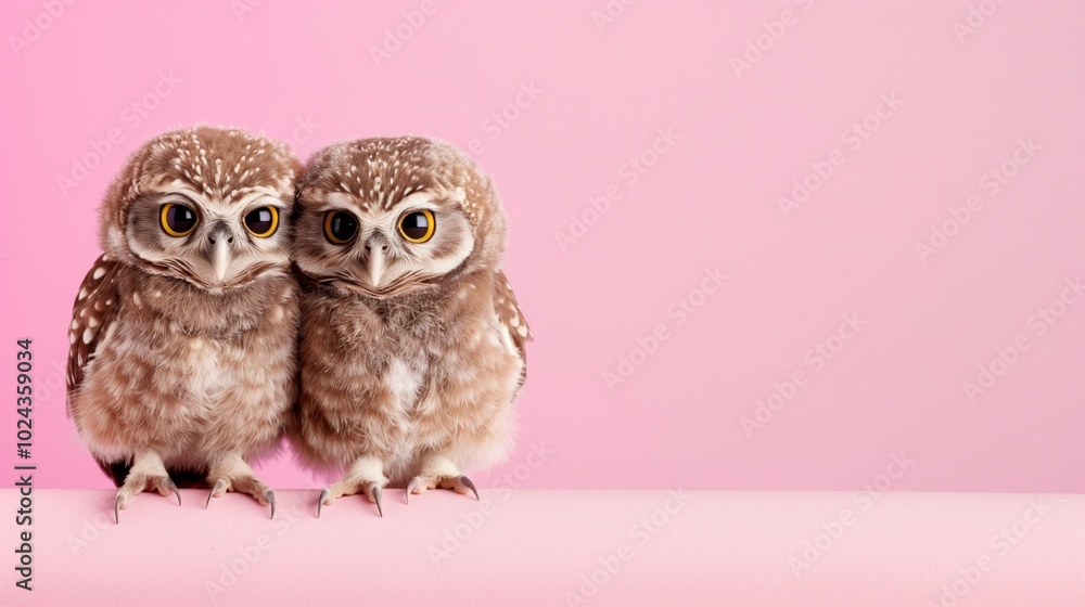 Cute pair of fluffy owls perched against a soft pink background Cute pair of fluffy owls perched against a soft pink background