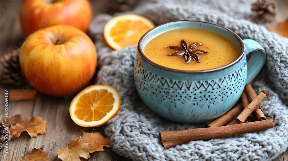 Warm cup of apple cider with cinnamon sticks and a cozy blanket by a fireplace in November Warm cup of apple cider with cinnamon sticks and a cozy blanket by a fireplace in November