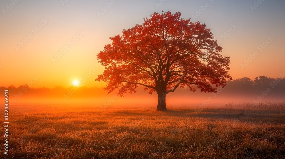 Obraz premium Beautiful sunrise over a foggy field with frost-covered grass and trees, capturing the essence of late autumn