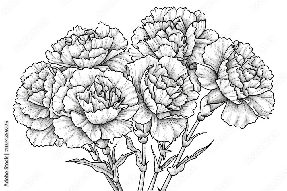 Coloring book illustration of a bouquet of carnations Coloring book illustration of a bouquet of carnations