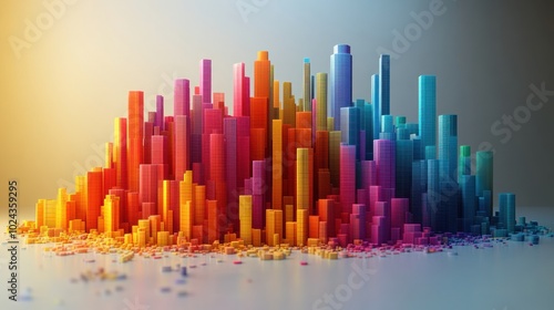 A colorful cityscape of abstract buildings made of various shapes and sizes in a vibrant rainbow gradient.