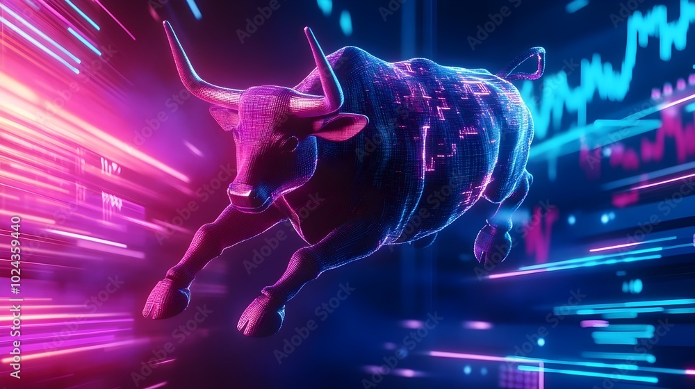Futuristic Digital Bull Leaping from Glowing Chart Showcasing Market Success Futuristic Digital Bull Leaping from Glowing Chart Showcasing Market Success