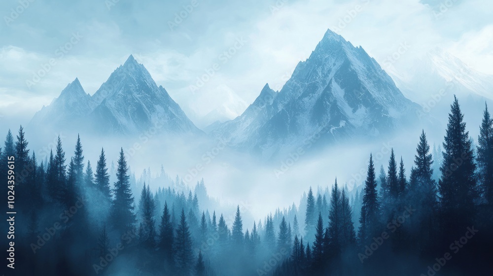 A serene mountain landscape shrouded in mist, evoking tranquility and natural beauty. A serene mountain landscape shrouded in mist, evoking tranquility and natural beauty.