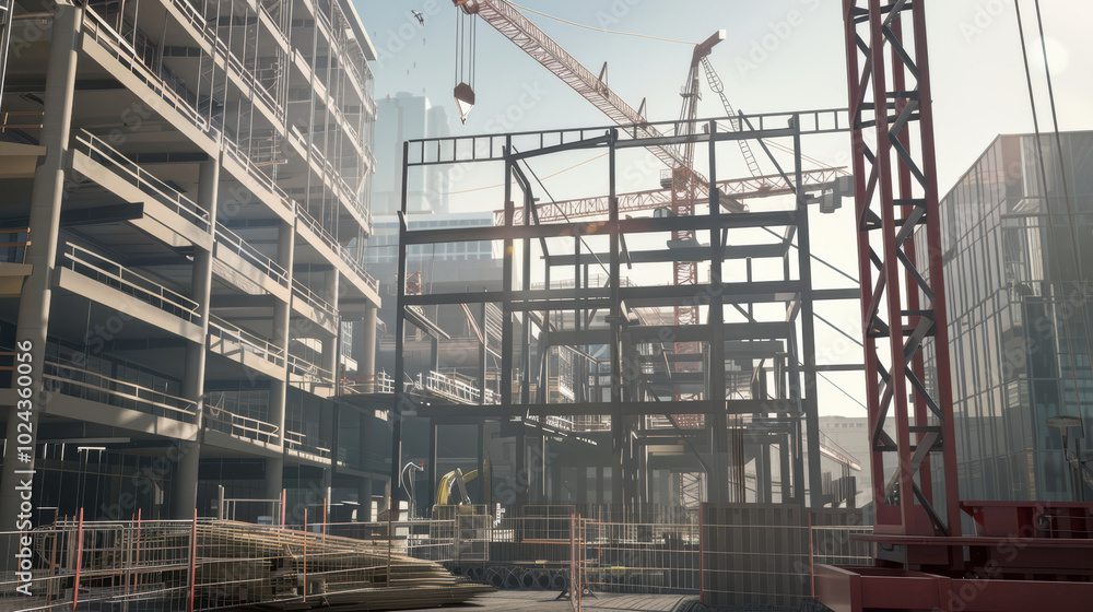 construction site showcasing steel framework and cranes, highlighting industrial environment and ongoing development. scene captures essence of modern architecture and engineering construction site showcasing steel framework and cranes, highlighting industrial environment and ongoing development. scene captures essence of modern architecture and engineering