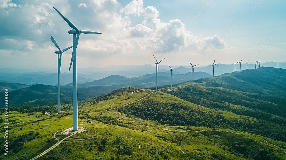 Wind Turbines on Rolling Green Hills with Blue Sky Wind Turbines on Rolling Green Hills with Blue Sky