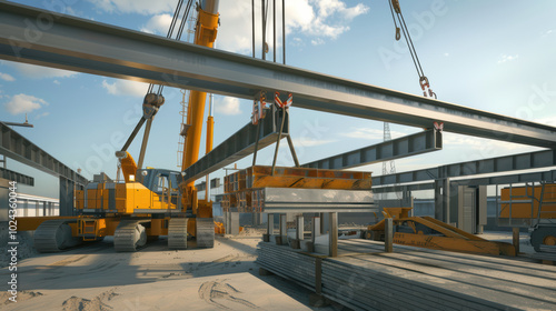 Construction site with heavy machinery lifting steel beams and concrete slabs, showcasing industrial activity and teamwork in bright, clear environment