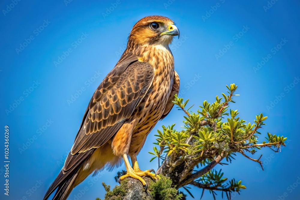 Symmetrical brown falcon flying over a tree with blue sky background Symmetrical brown falcon flying over a tree with blue sky background