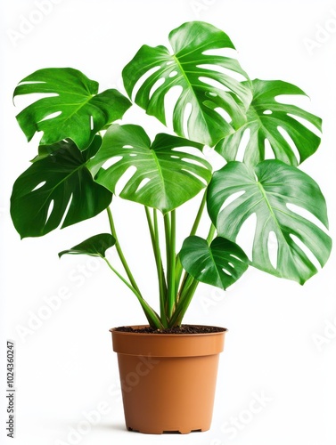 Monstera in a pot isolated on white background, Close up of tropical leaves or houseplant that