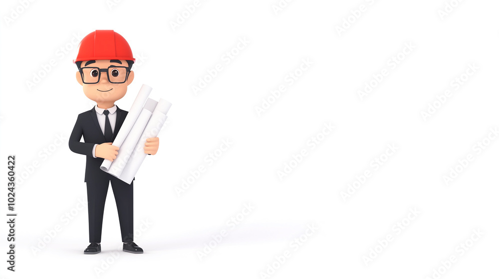 On a white background there is a businessman-engineer in a construction helmet with papers in his hands. In illustration style On a white background there is a businessman-engineer in a construction helmet with papers in his hands. In illustration style