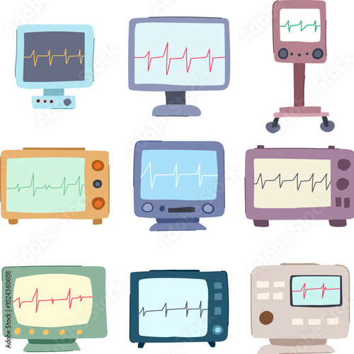 ekg monitor set cartoon. herhythm cardiac, electrodes waveform, arrhythmia portable ekg monitor sign. isolated symbol vector illustration