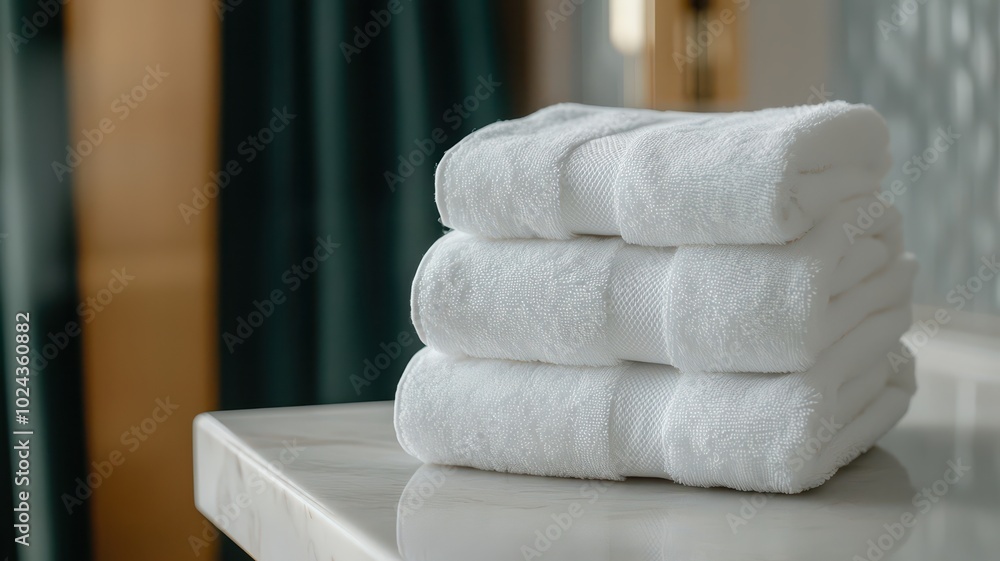 Fluffy towels are elegantly folded and neatly arranged in a luxurious bathroom Fluffy towels are elegantly folded and neatly arranged in a luxurious bathroom
