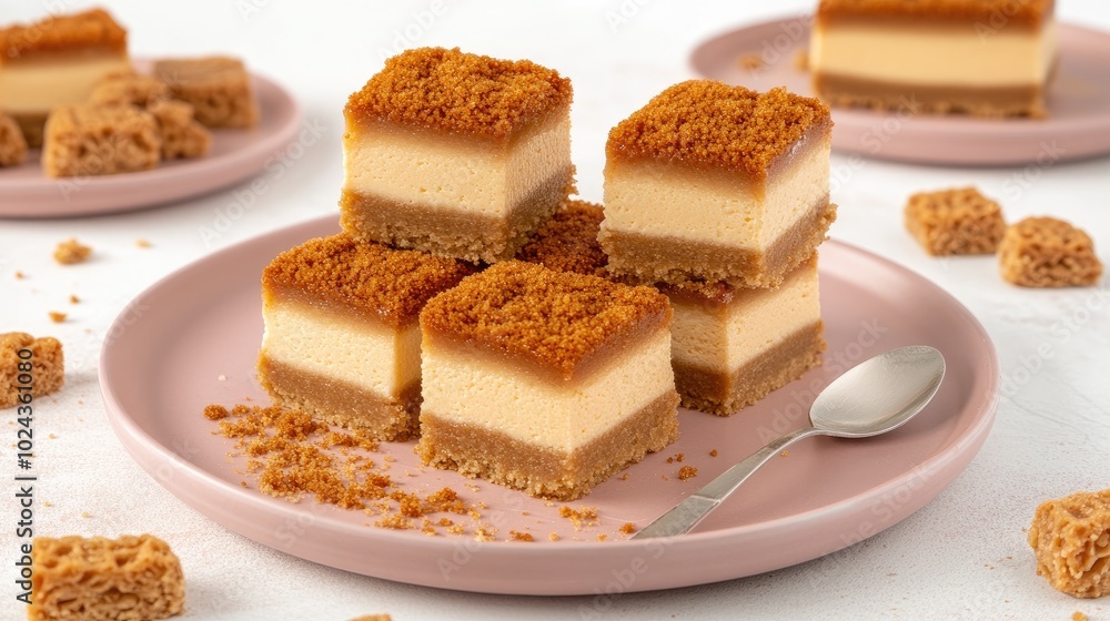 A beautifully layered Biscoff cheesecake on a pink plate with a spoon, set on a white background with ample space for menu or promotional text. A beautifully layered Biscoff cheesecake on a pink plate with a spoon, set on a white background with ample space for menu or promotional text.