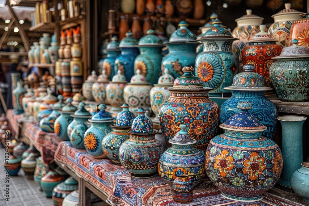 Souvenirs on the market. old Arabic bazaar shopping in outdoor market. Crowded Souvenirs on the market. old Arabic bazaar shopping in outdoor market. Crowded