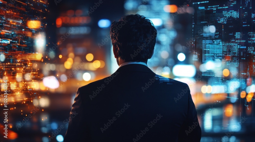 A figure in a suit gazes at a futuristic cityscape filled with digital elements. A figure in a suit gazes at a futuristic cityscape filled with digital elements.