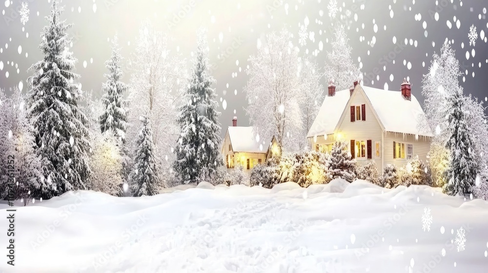 Fototapeta premium A breathtaking snowy village nestled in the mountains, covered in a thick layer of fresh snow, with charming cottages and twinkling lights. Majestic trees and snowflakes add to the serene beauty.