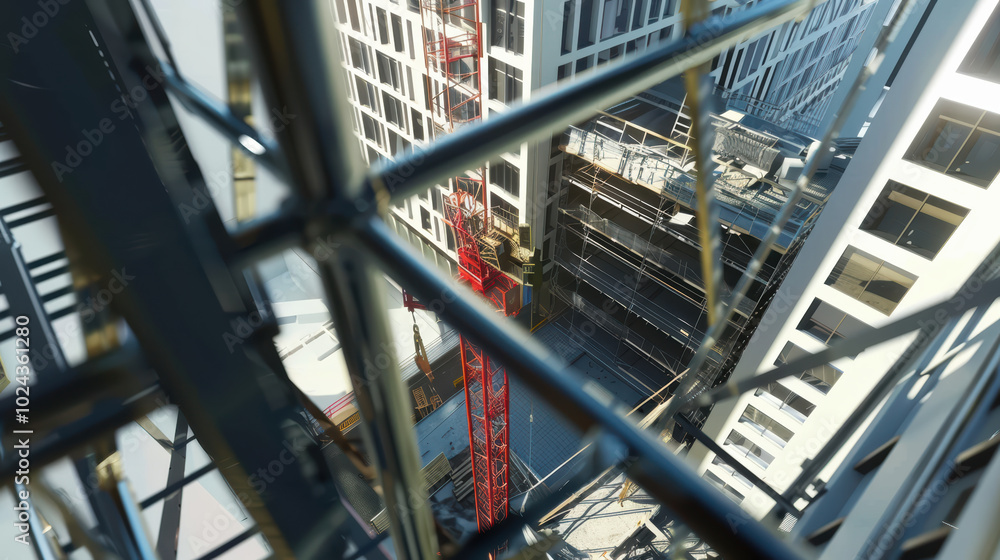 Aerial view of construction site showcasing red crane amidst modern buildings. intricate scaffolding and structural elements highlight ongoing development and urban architecture Aerial view of construction site showcasing red crane amidst modern buildings. intricate scaffolding and structural elements highlight ongoing development and urban architecture