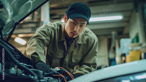 自動車整備士のバッテリー点検作業