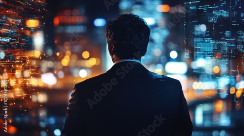 A figure in a suit gazes at a futuristic cityscape filled with digital elements.