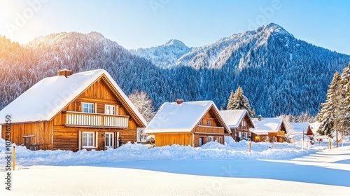 A breathtaking snowy village nestled in the mountains, covered in a thick layer of fresh snow, with charming cottages and twinkling lights. Majestic trees and snowflakes add to the serene beauty.