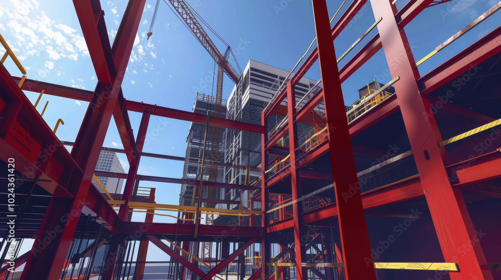 image showcases vibrant construction site with focus on red steel beams and clear blue sky. intricate framework highlights ongoing development of modern building, evoking sense of progress and image showcases vibrant construction site with focus on red steel beams and clear blue sky. intricate framework highlights ongoing development of modern building, evoking sense of progress and