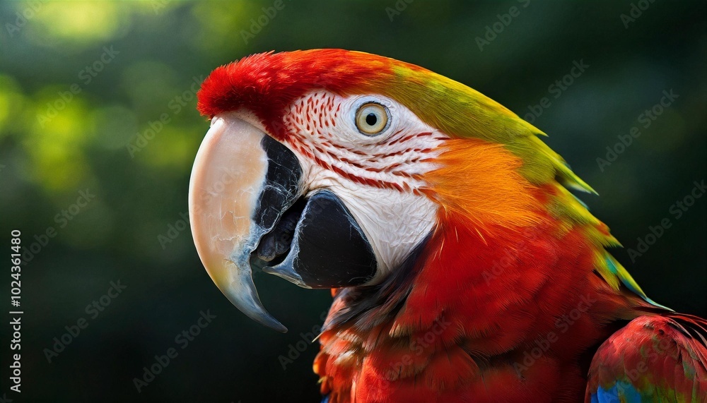 A Bright Scarlet Macaw resting calmly on a tree branch bathed in natural light with its vivid colors standing out against green leaves
A Bright Scarlet Macaw resting calmly on a tree branch bathed in natural light with its vivid colors standing out against green leaves