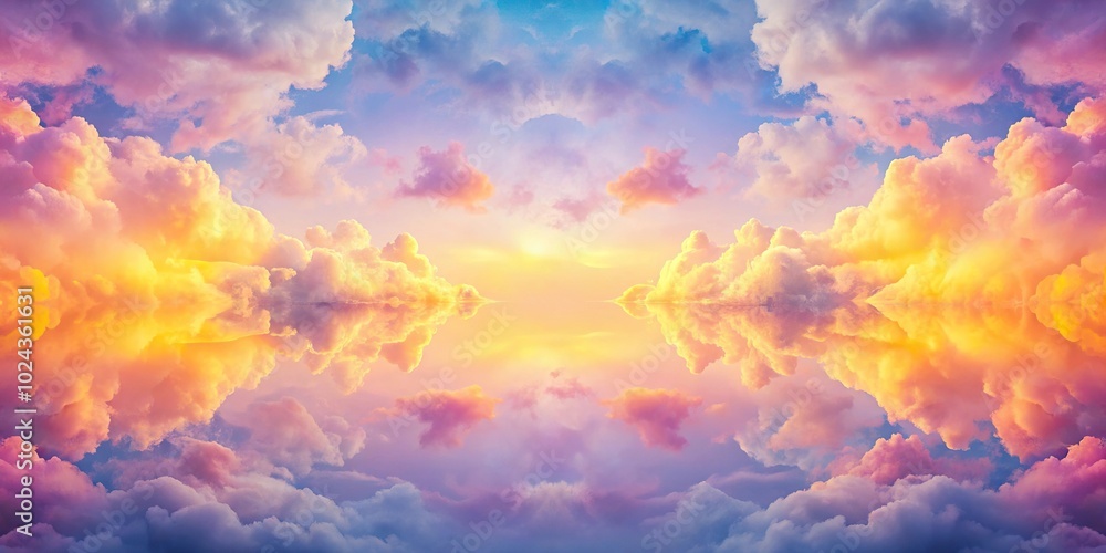 Obraz premium Symmetrical colorful sky with soft and blurred pink purple yellow pastel colored clouds with copy space for wallpaper