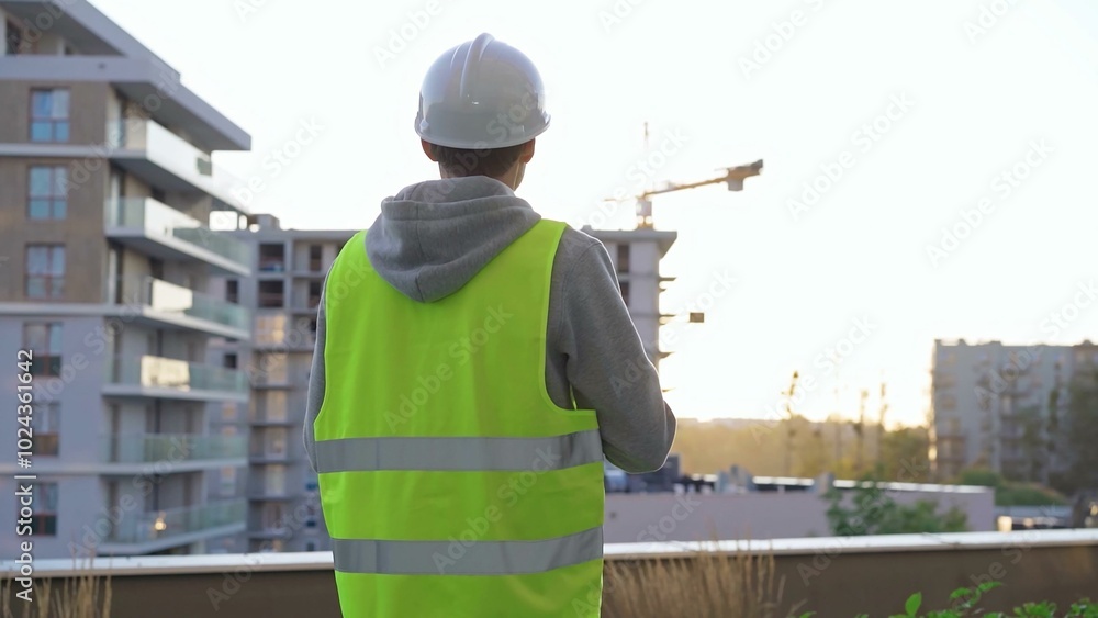 Man engineer with a white protective helmet and safety vest is writing on a clipboard while inspecting a construction site in early morning at sunrise. Architect concept Man engineer with a white protective helmet and safety vest is writing on a clipboard while inspecting a construction site in early morning at sunrise. Architect concept