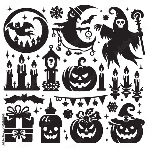 Halloween clip art set showcasing various spooky elements like witches, skeletons, and festive decorations