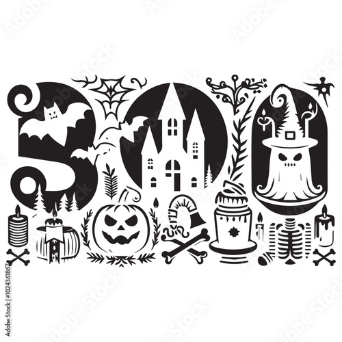 Halloween clip art set showcasing various spooky elements like witches, skeletons, and festive decorations