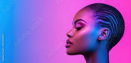 Profile of woman with braided hair against pink and blue gradient background