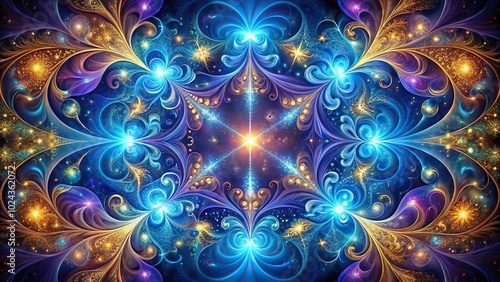 Symmetrical cosmic ballet with swirls of blues, purples, and golds