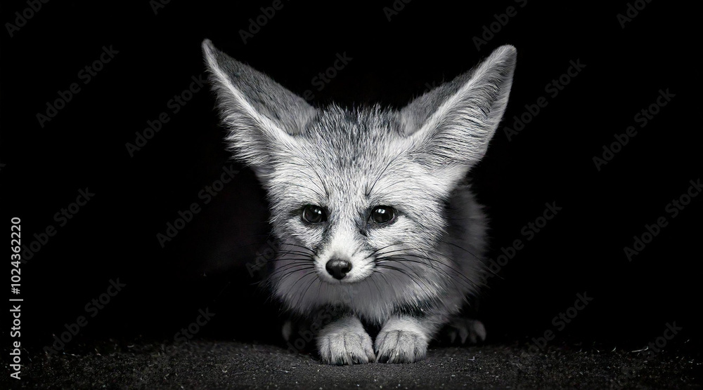 Obraz premium An elegant black and white shot of cute fennec foxo in a dark setting