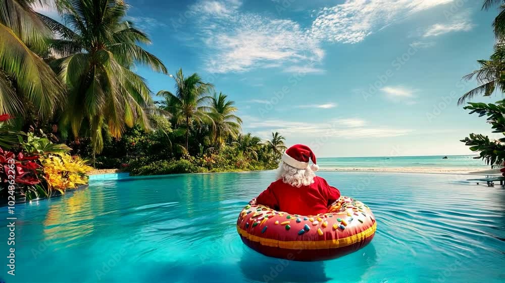 Santa Claus floating on a donut-shaped pool float in a tropical ...