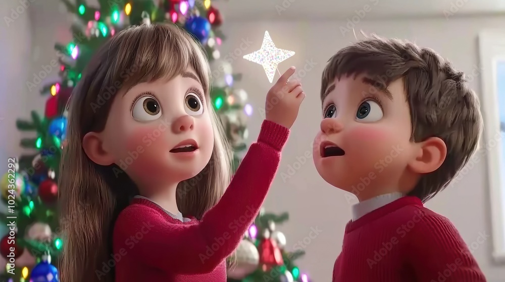 Children Wonder at Star Decoration Holiday Scene Children Wonder at Star Decoration Holiday Scene