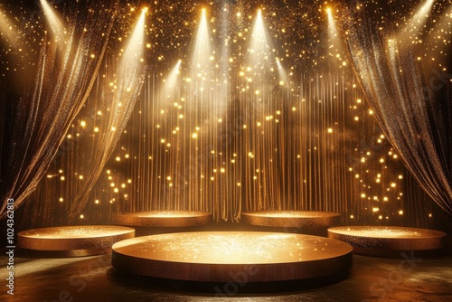 Portray a luxurious stage bathed in warm, golden light with round, raised platforms in the center