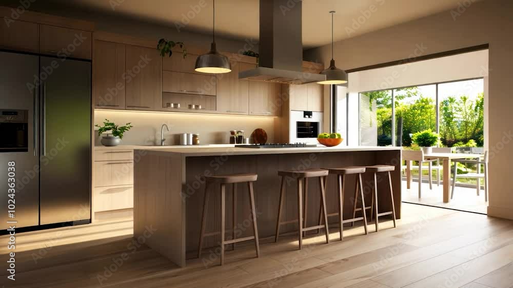 Modern Open-Concept Kitchen with Island and Bar Stools Overlooking a ...