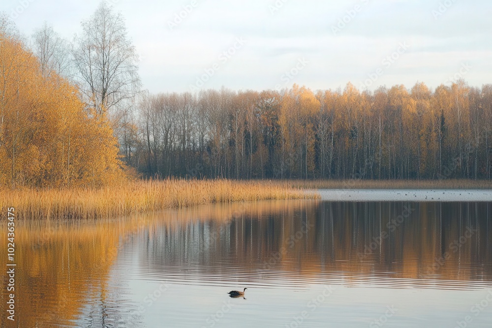 A solitary duck glides across a serene lake surrounded by autumn foliage in golden hues A solitary duck glides across a serene lake surrounded by autumn foliage in golden hues